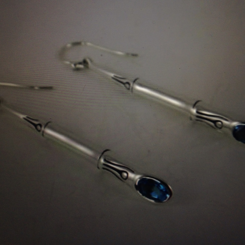 John Hardy Sterling Silver Bamboo Drop Earrings with Blue Stones - Picture 3 of 5